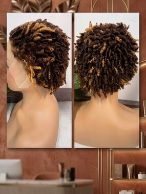 Short Curly Locs Wig - Brown with Honey Highlights